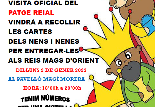 US CONVIDEM A LA VISITA OFICIAL DEL PATGE REIAL VINDRÀ A RECOLLIR LES CARTES DELS NENS I NENES PER ENTREGAR-LES ALS REIS MAGS D’ORIENT