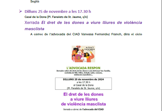 DIA INTERNACIONAL PER A L’ERRADICACIÓ DE LES VIOLÈNCIES MASCLISTES 25 de novembre de 2024